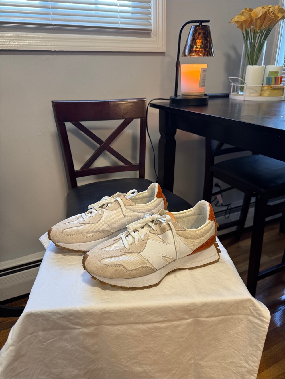 New Balance White and Tan Retro Runner Sneakers